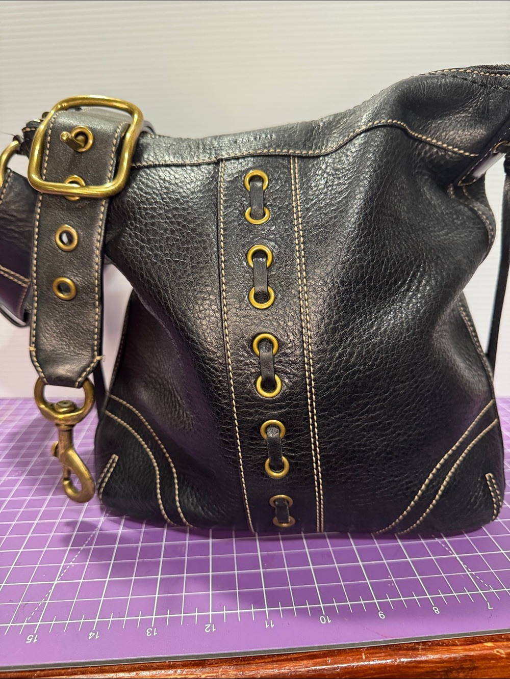 Vintage Chelsea Laced Duffle Bag Black Leather Shoulder Bag with Brass Accents